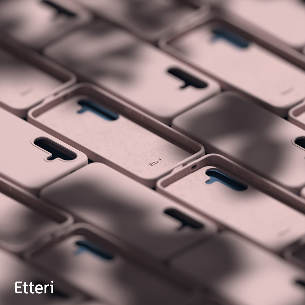 Primo piano di custodie per telefoni. Custodie per telefoni rosa con interno blu, disposte a griglia.