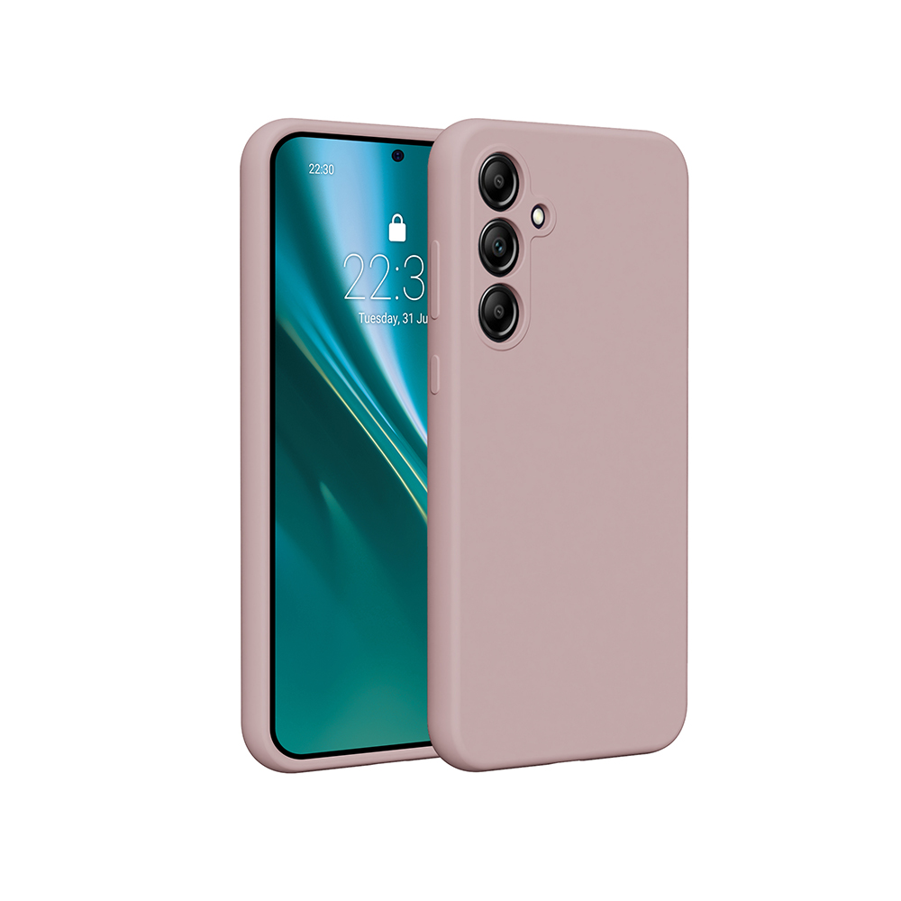 Custodia rosa con telefono, che mostra schermo con paesaggio, su sfondo bianco.