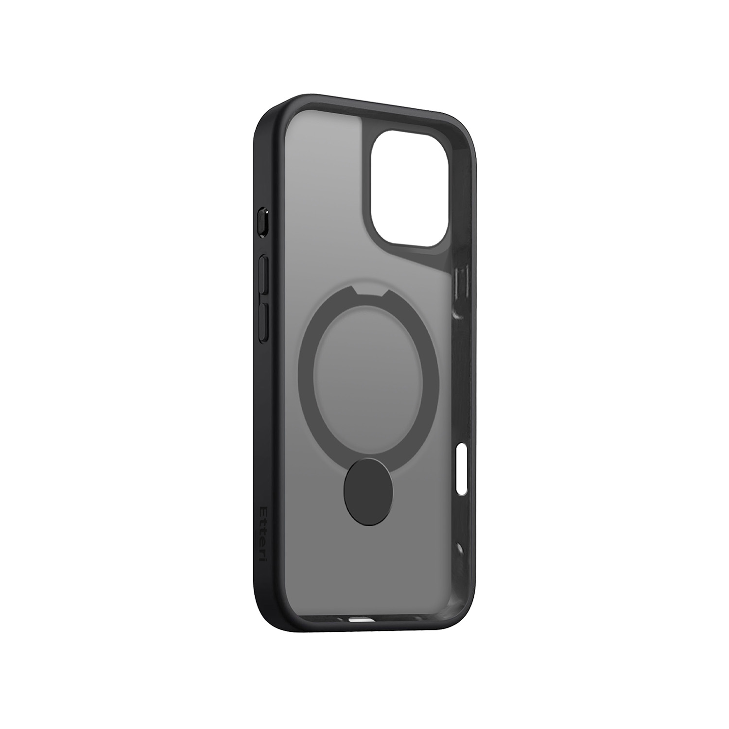 Custodia nera con retro trasparente e supporto magnetico circolare.