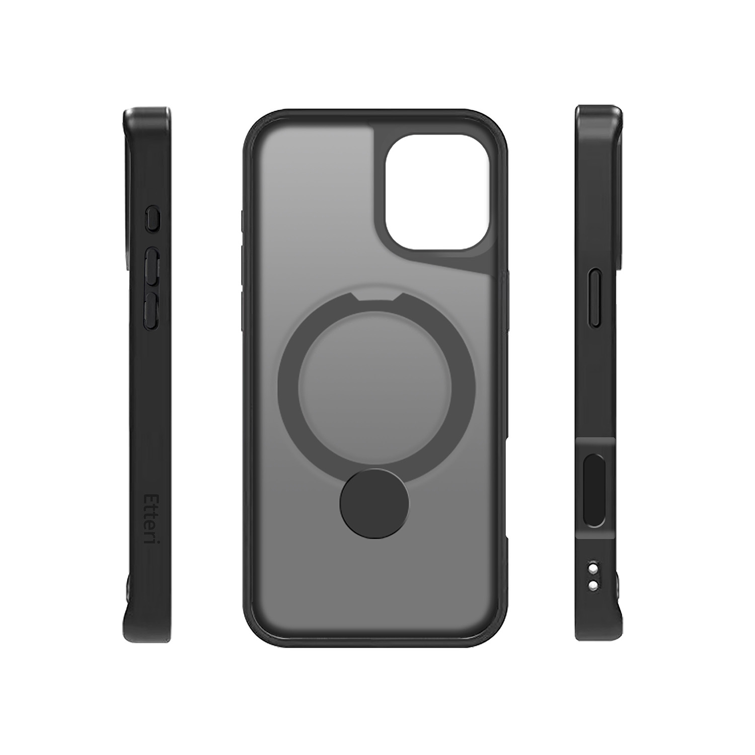 Tre viste di una custodia per telefono nera con un anello magnetico.