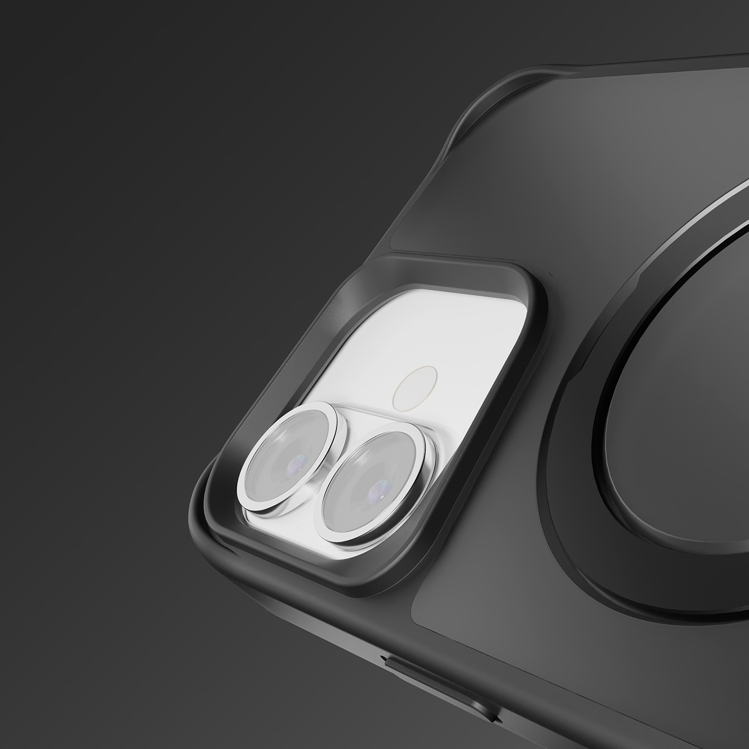 Primo piano di una custodia per telefono con doppia fotocamera e superficie riflettente, il tutto su sfondo nero.