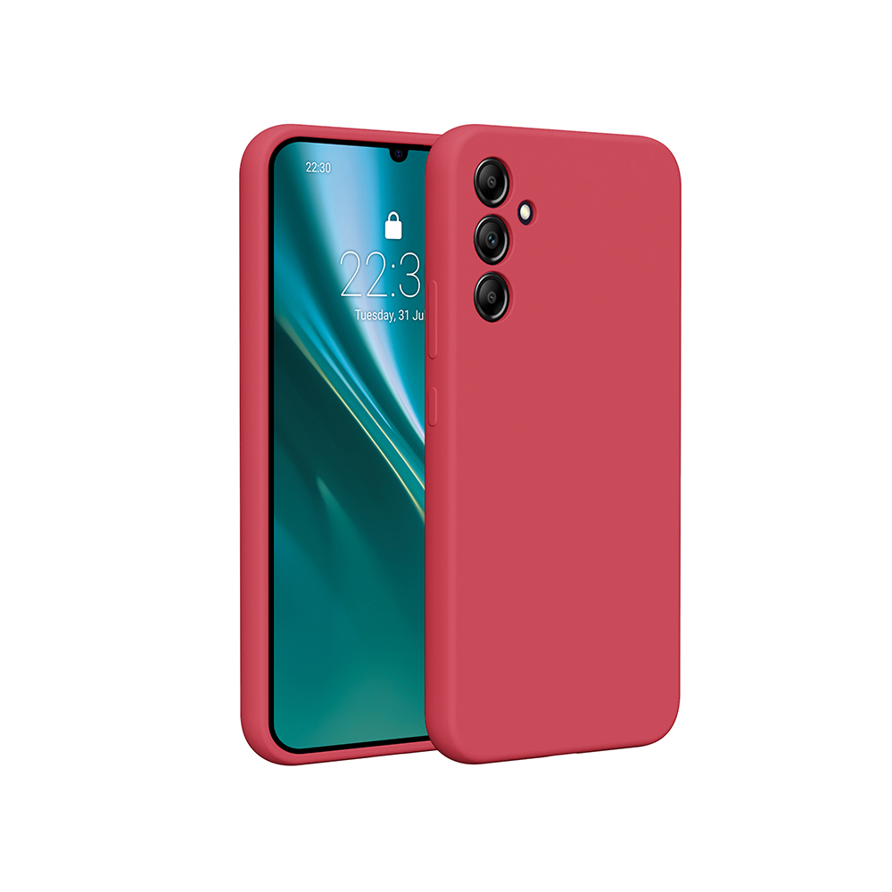 Czerwone etui na telefon z telefonem w środku, pokazujące ekran.