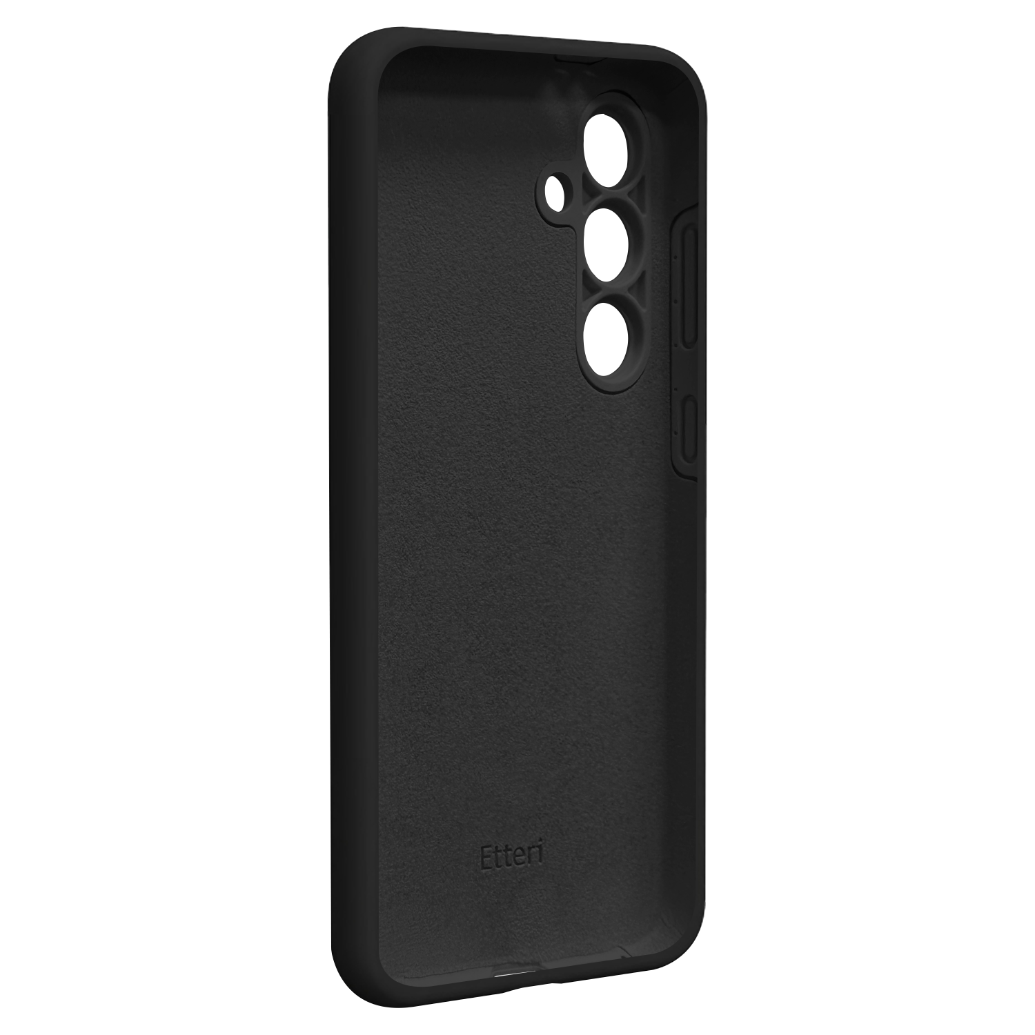 Czarne etui na telefon, pokazujące wnętrze z otworami na przyciski i aparat oraz nazwę marki.