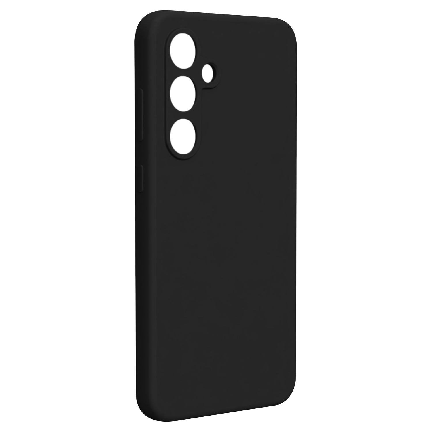 Czarna obudowa telefonu. Trzy otwory na aparat, widoczne przyciski boczne. Izolowany, pochylony widok.