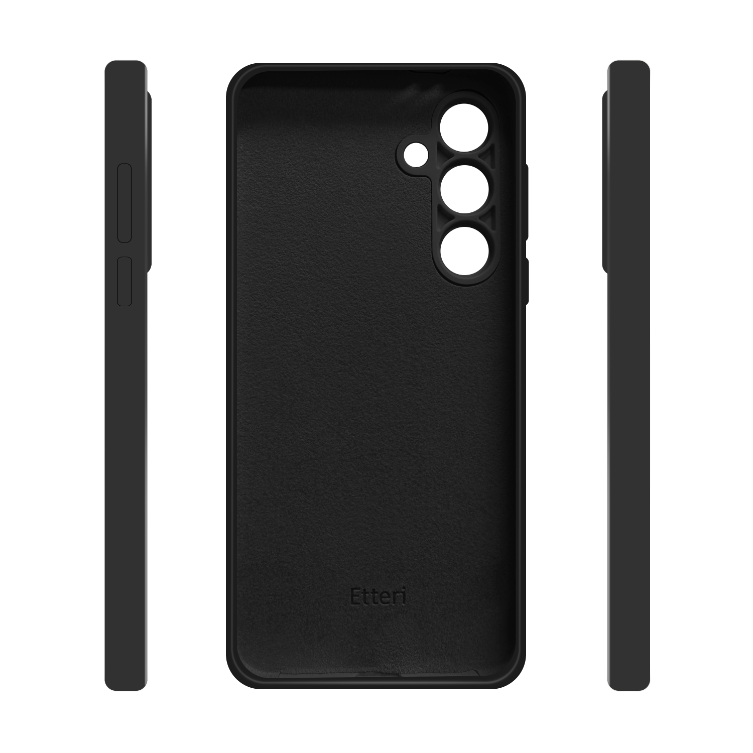 Trzy widoki czarnego etui na telefon. Ma wycięcia na aparat i przyciski. Etui jest przeznaczone do telefonu.