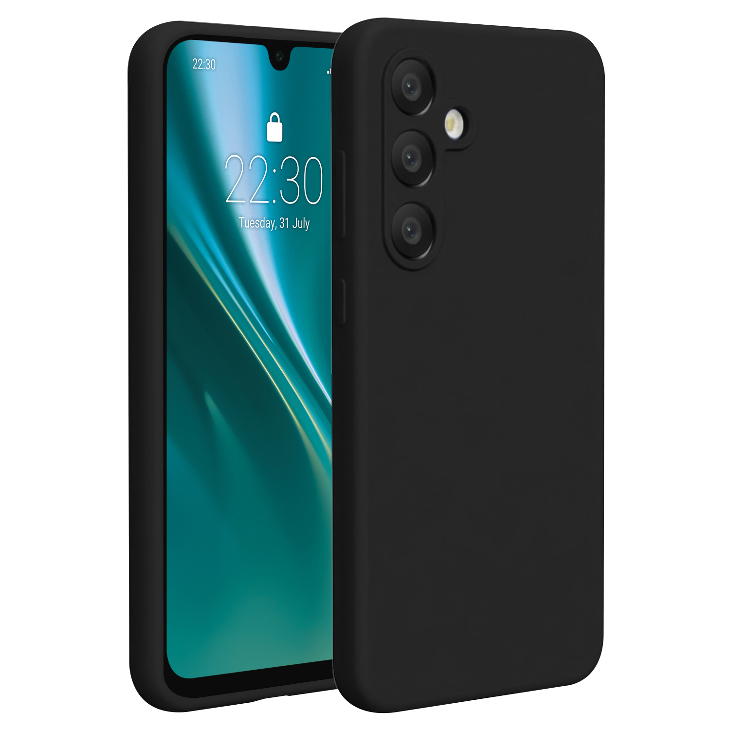 Czarny telefon z czarnym etui. Ekran wyświetla godzinę i datę.