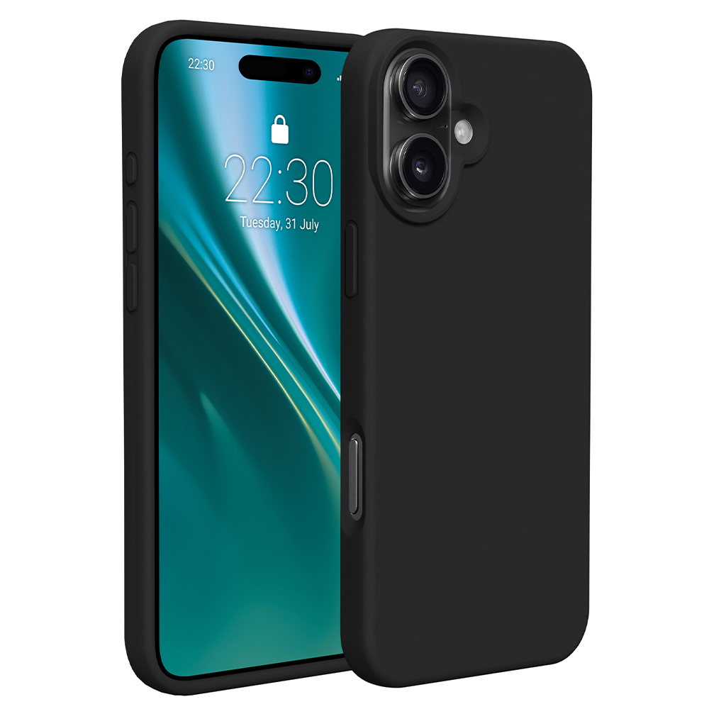 Czarny telefon w czarnym etui. Telefon wyświetla godzinę i datę.