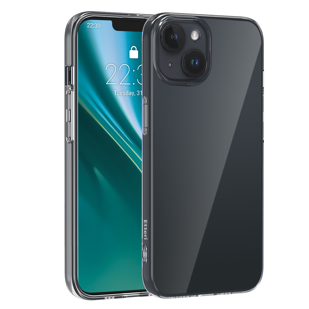 Un telefono in una custodia trasparente, con una fotocamera e uno schermo che mostra l'ora e la data.
