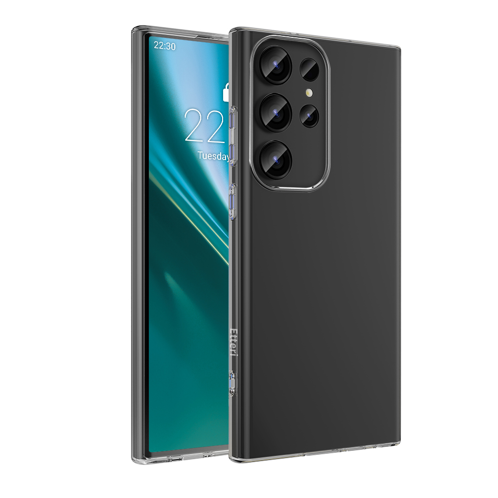 Czarne etui na telefon z przezroczystym przodem i telefonem w środku.