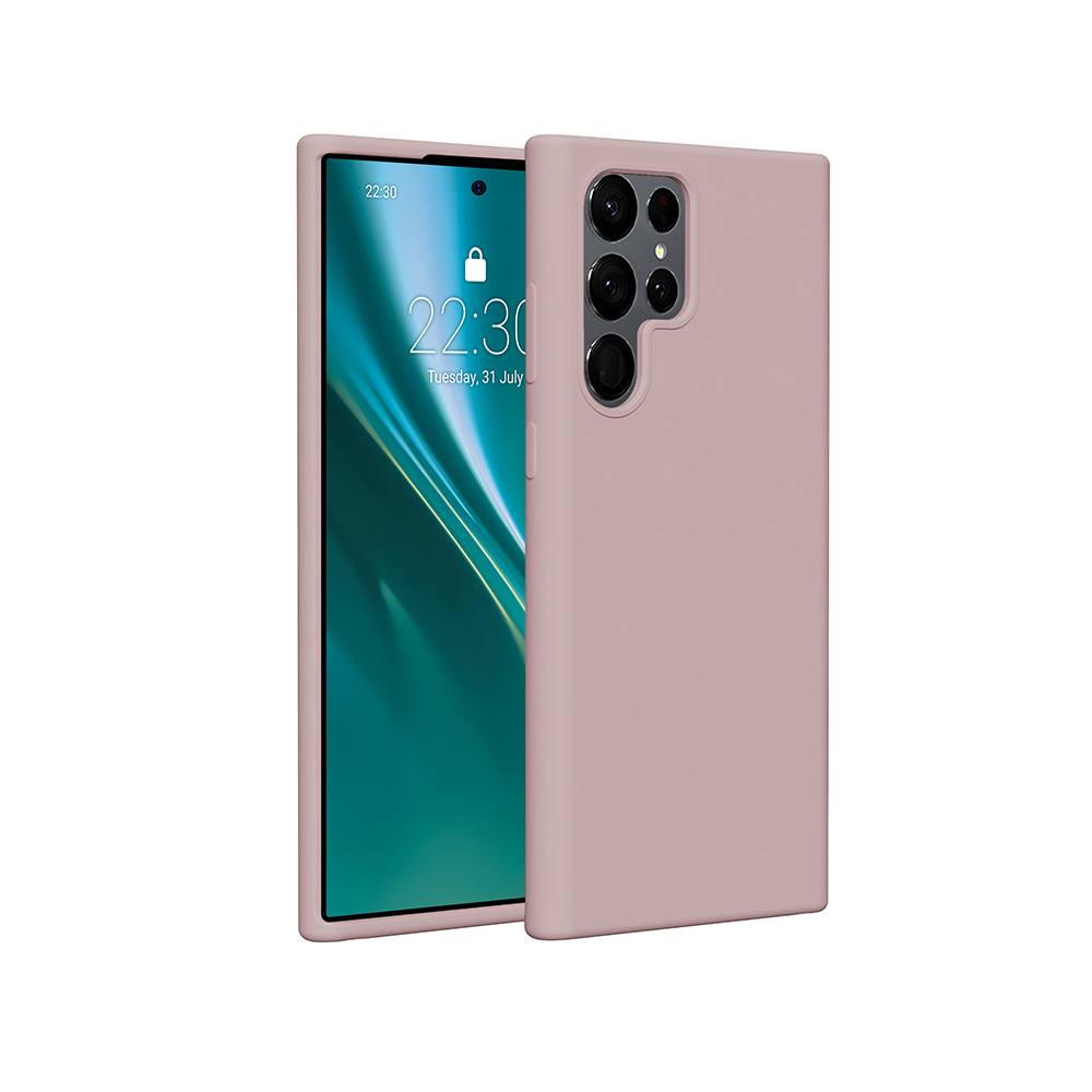 Una custodia per telefono rosa con un telefono all'interno. Il telefono mostra una schermata di blocco.