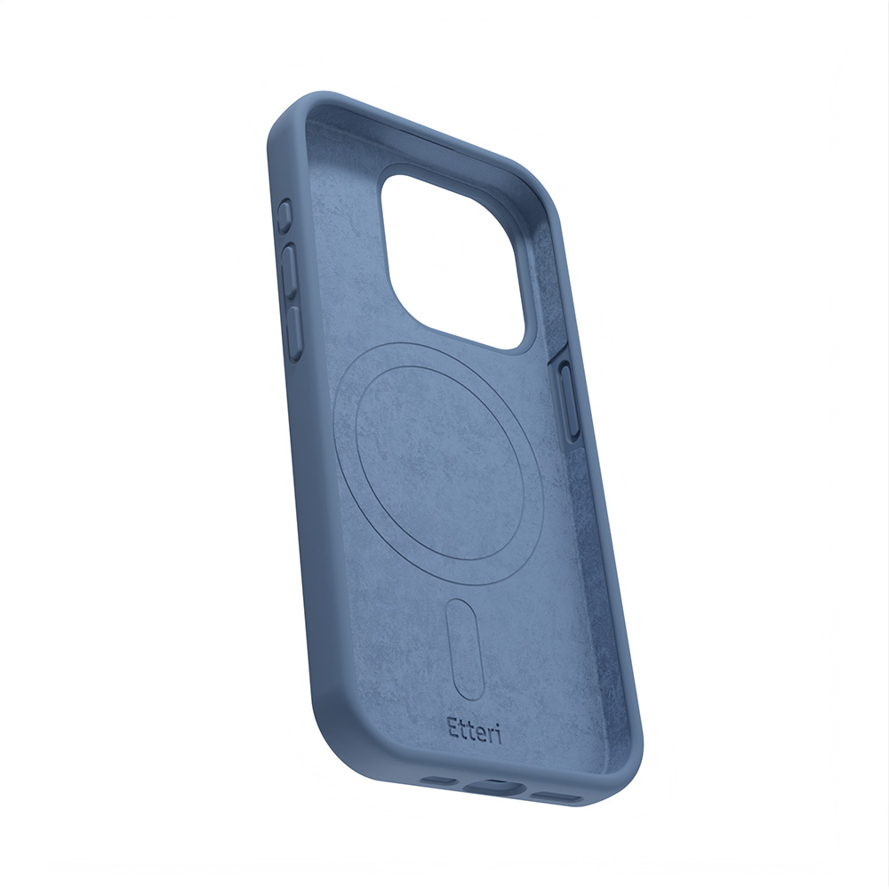 Niebieskie etui na telefon. Ma wycięcie na aparat i magnetyczne koło. Etui jest przeznaczone do telefonu.