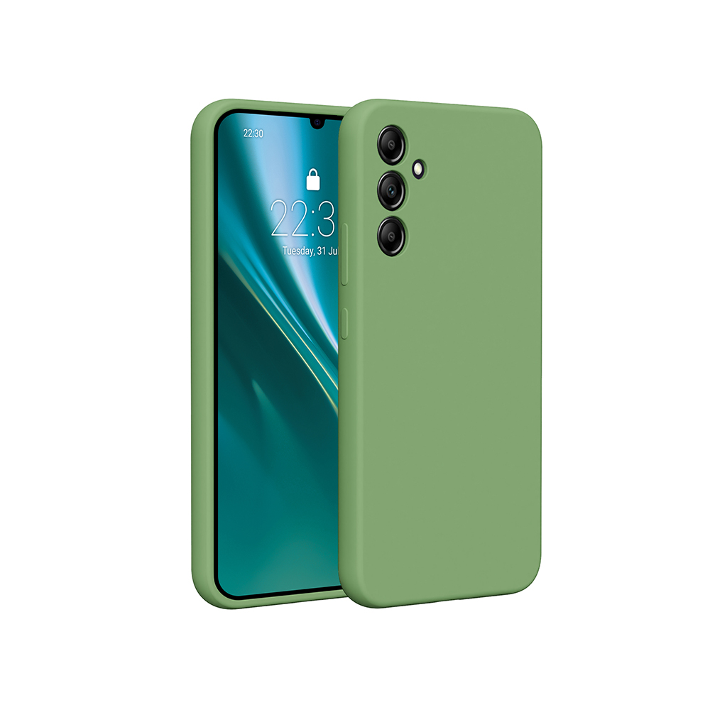 Custodia verde su un telefono Samsung, che mostra una schermata di blocco con l'ora.