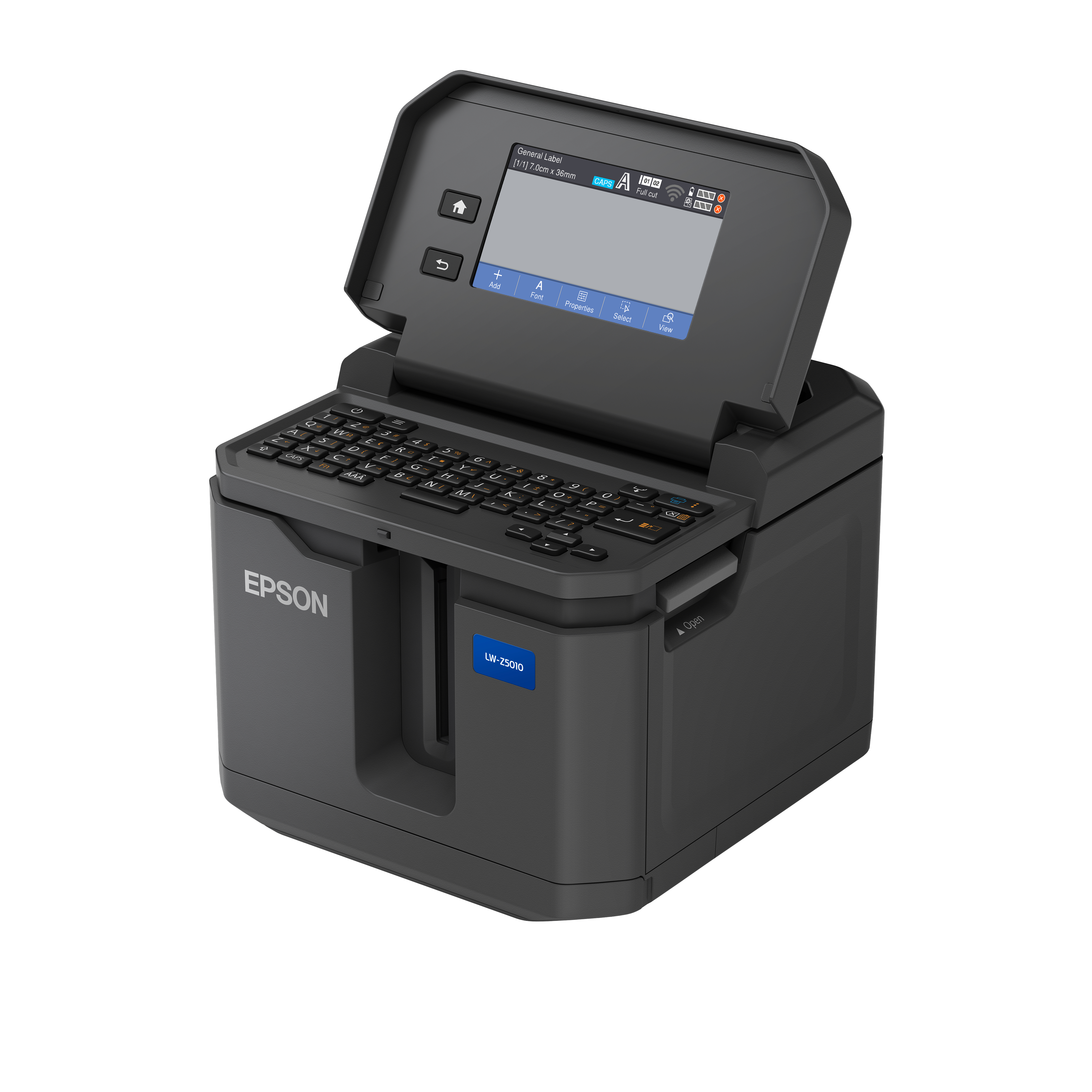 Ekranı ve klavyesi olan siyah Epson etiket makinesi. Açık, klavyeyi gösteriyor.