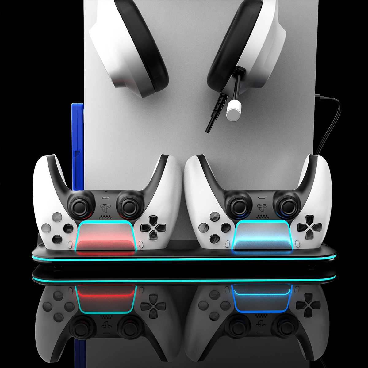 Gaming-Controller mit Ladestation und Kopfhörern.