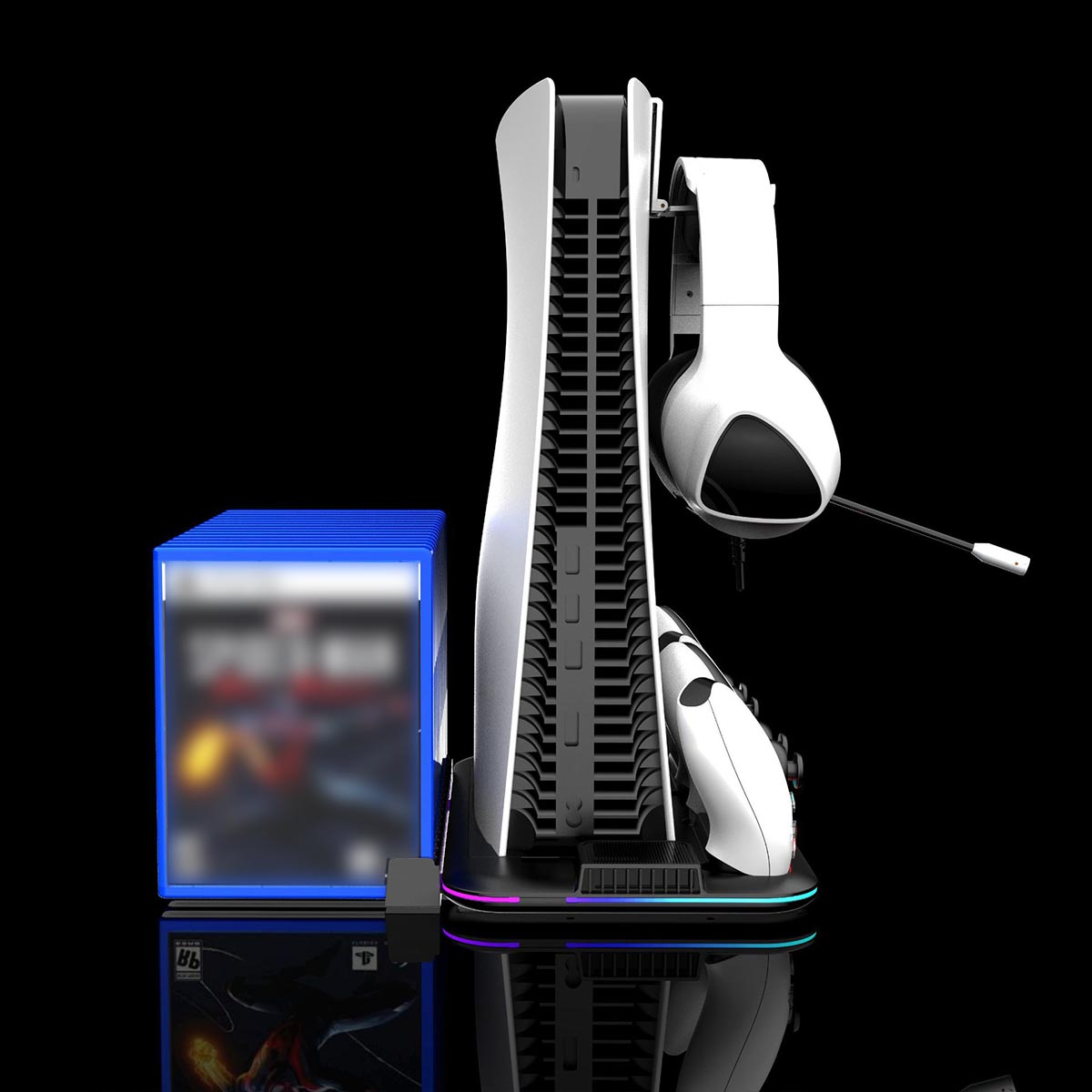 Ein Spielkonsolenständer mit Konsole, Controller, Headset und Spielhüllen. Schwarzer Hintergrund.