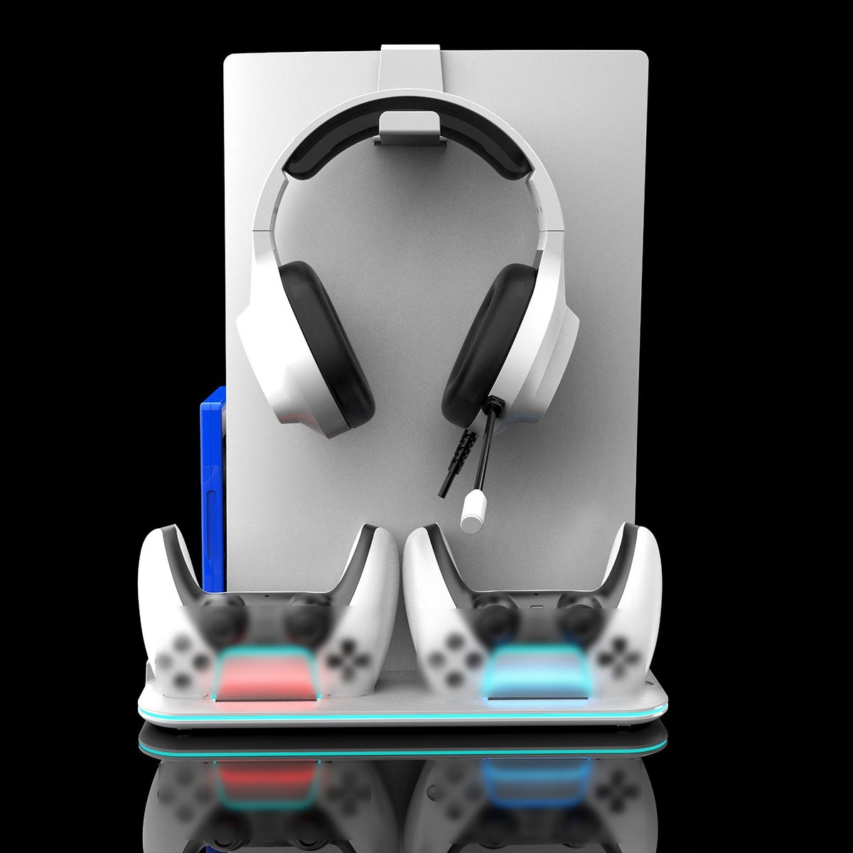 Gaming-Zubehör: weißes Headset, zwei Controller und Ladestation, alles auf schwarzem Untergrund.