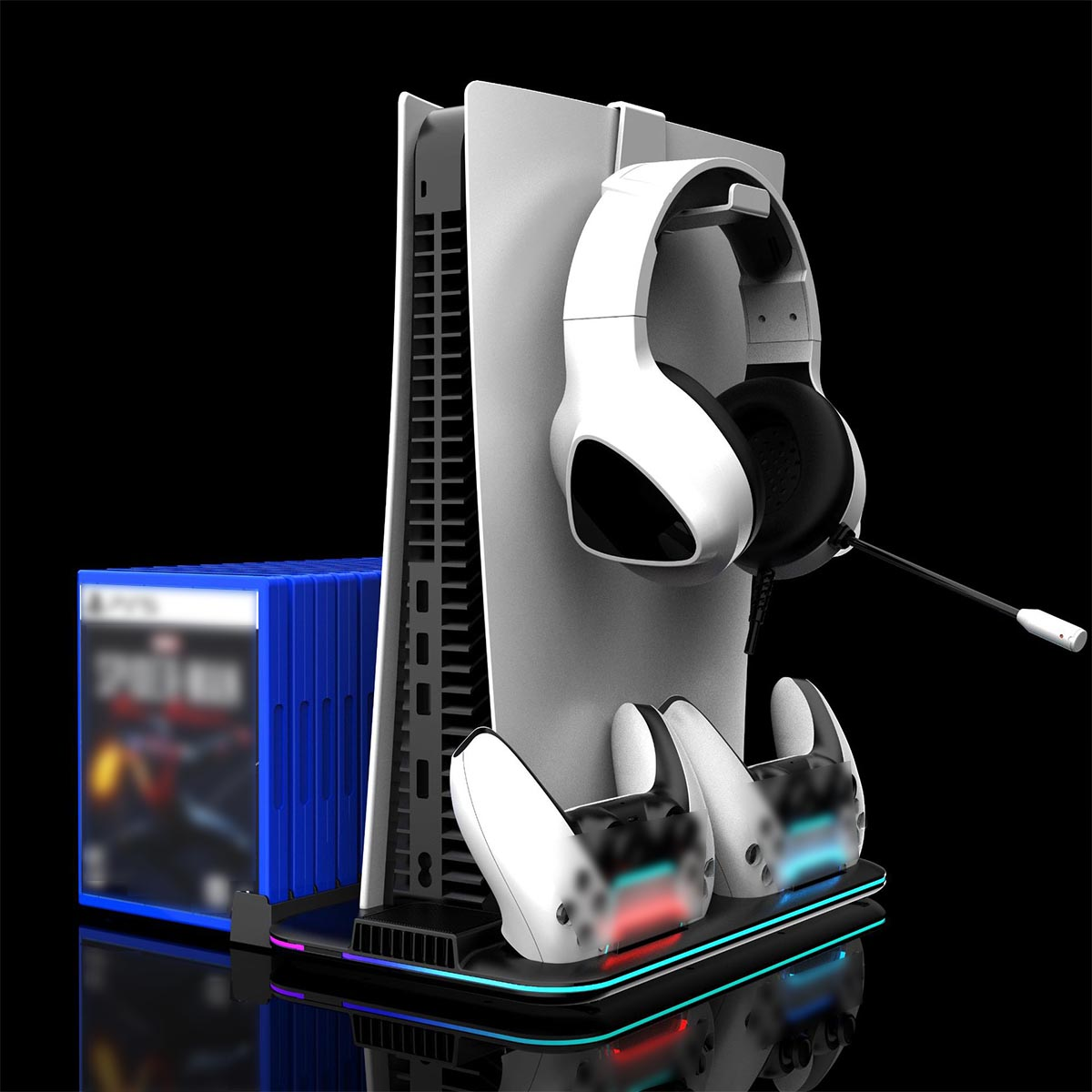 Weißer Playstation 5 Ständer mit Kopfhörern, Controllern und Spielhüllen. Schwarzer Hintergrund.