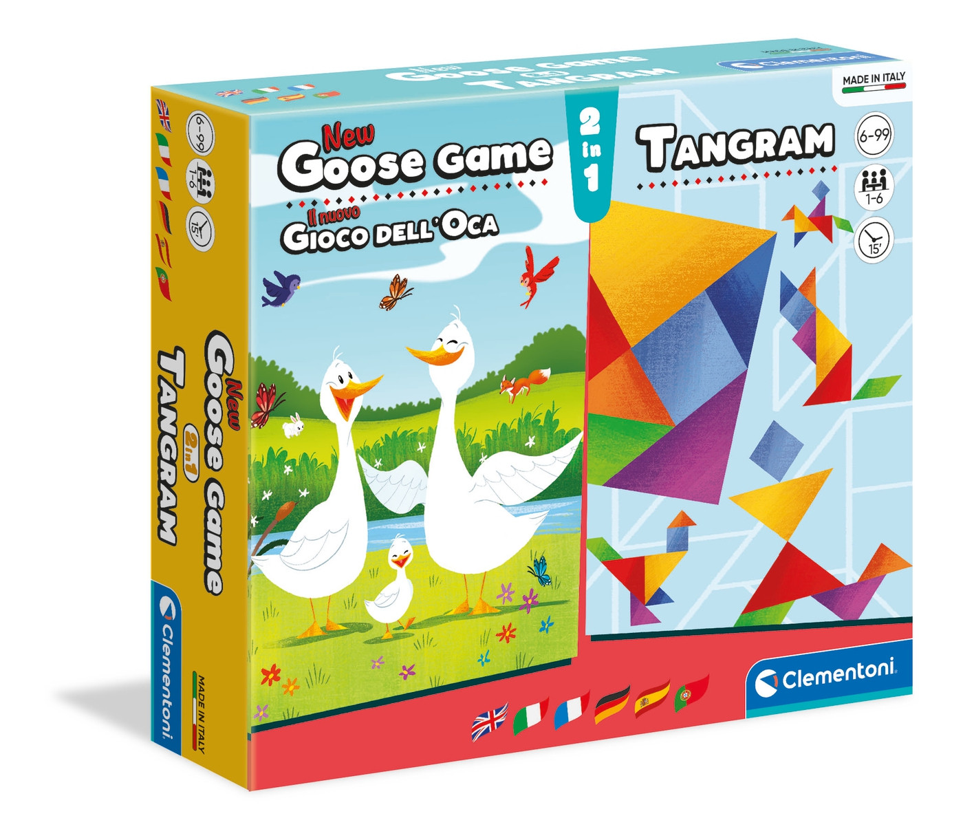 Schachtel eines Gänse-Spiels mit Tangram-Spiel, mit Illustrationen.