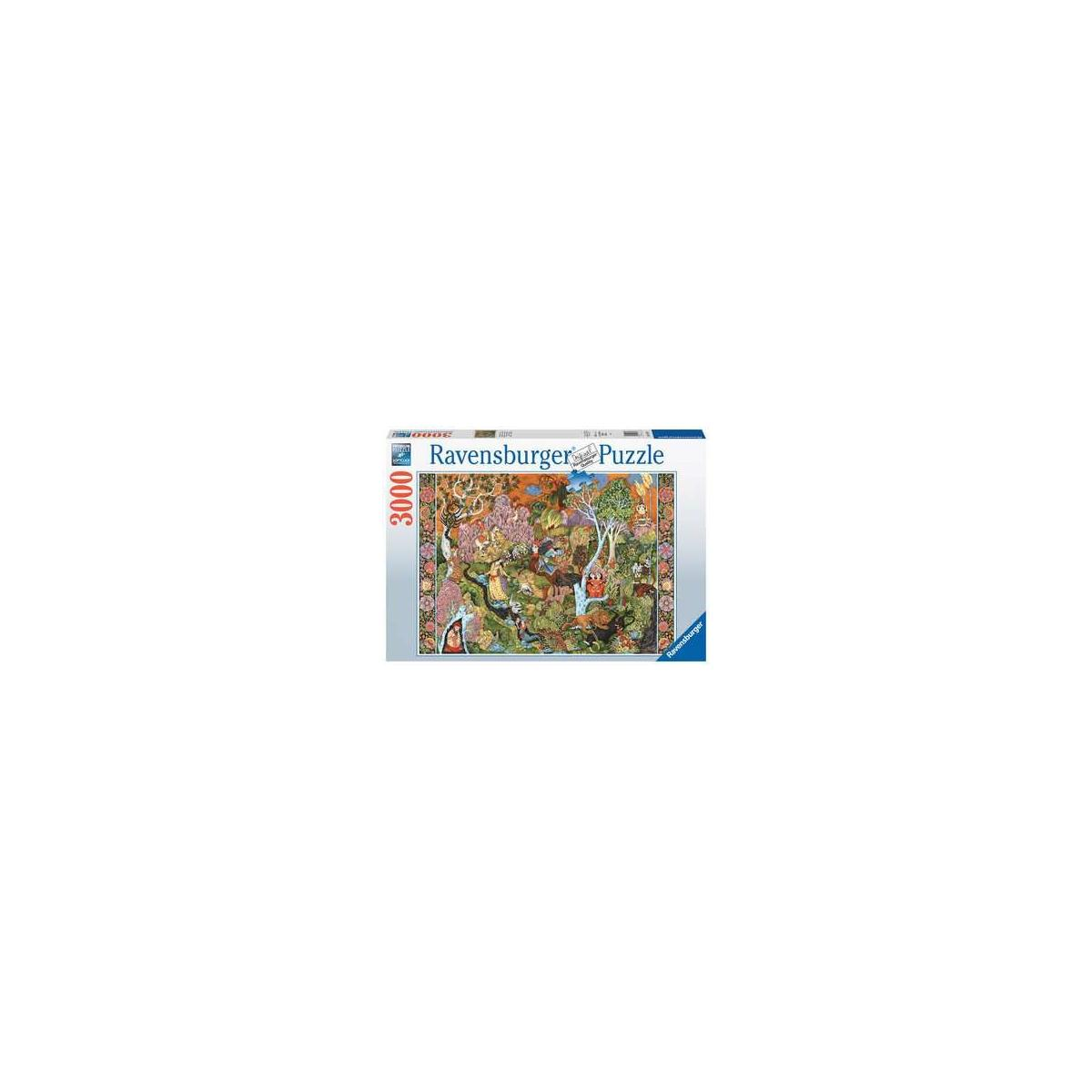 Scatola di puzzle con un'immagine del puzzle completato, con una scena medievale colorata.