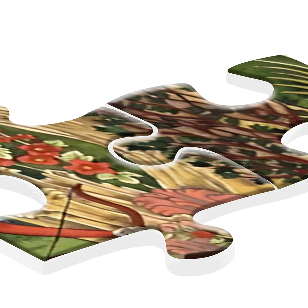 Due pezzi di puzzle con un frammento di pittura. Fiori rossi e foglie verdi visibili.