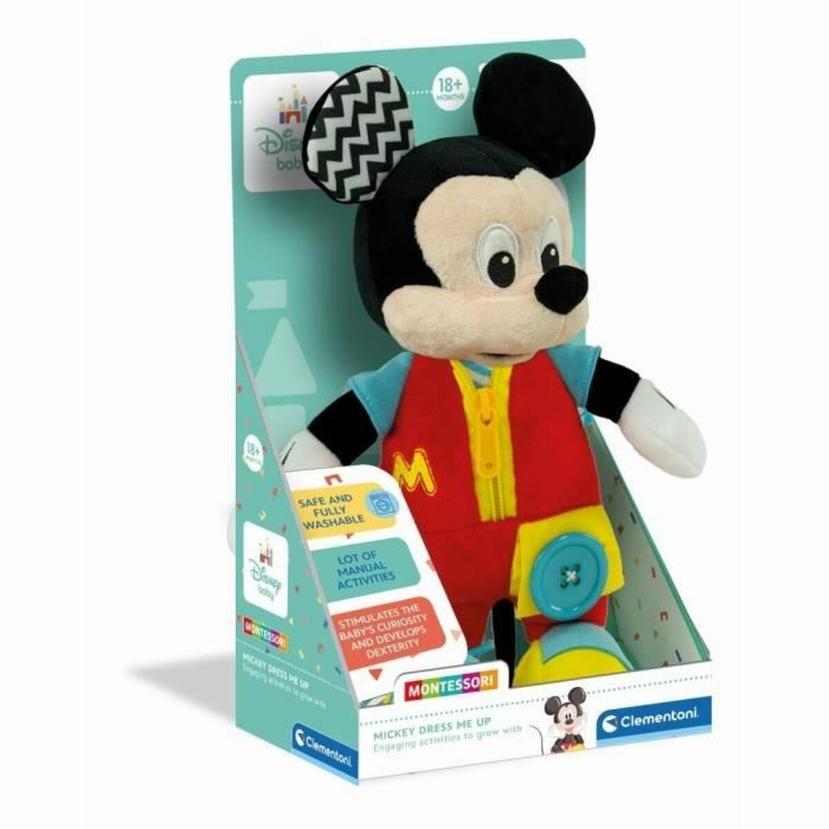 Mickey Mouse Plüschtier in einer Box. Es hat ein rotes und gelbes Outfit.