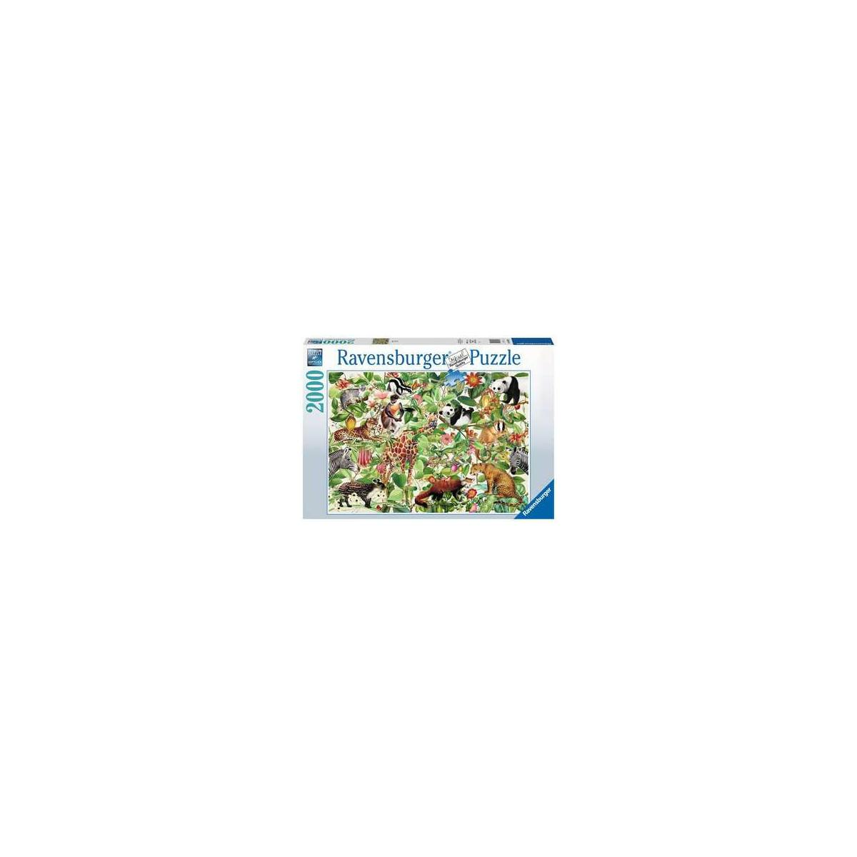 Una scatola di puzzle con un'immagine completa di animali in un ambiente giungla lussureggiante.