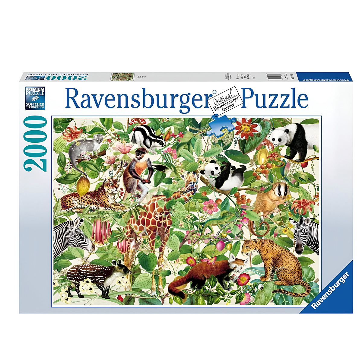 Una scatola di puzzle con un'immagine colorata di animali in una scena della giungla. C'è scritto Ravensburger.