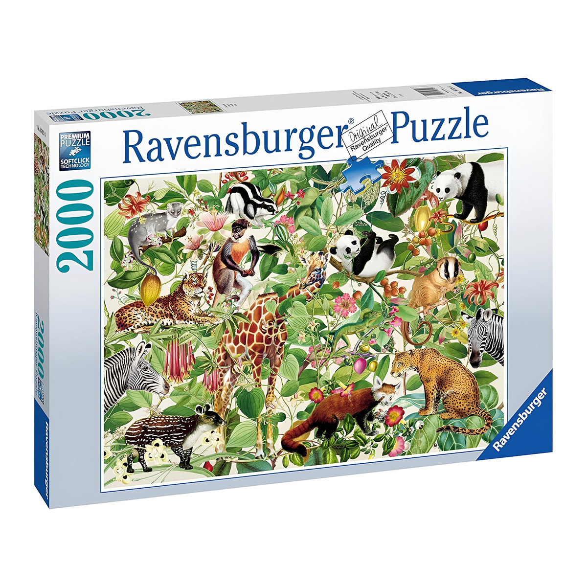 Una scatola di un puzzle Ravensburger con animali, con una varietà di fauna selvatica.