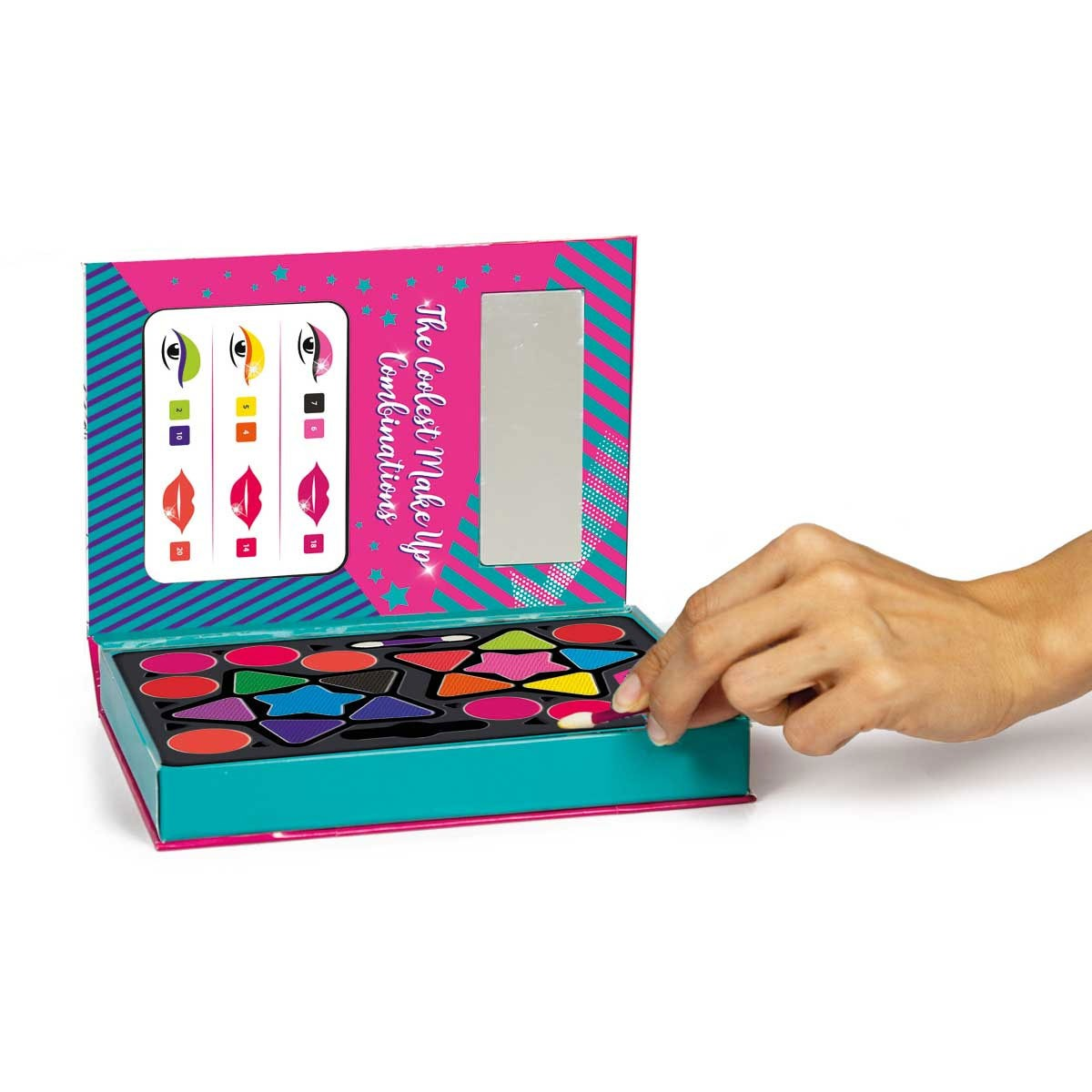 Otwarty zestaw do makijażu z kolorowymi kształtami. Ręka dotyka elementu makijażu.