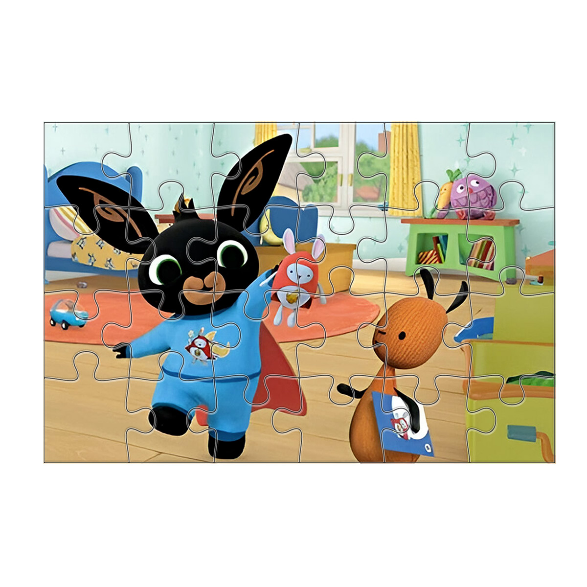 Puzzle di una scena a cartoni animati con un coniglio supereroe e un amico.