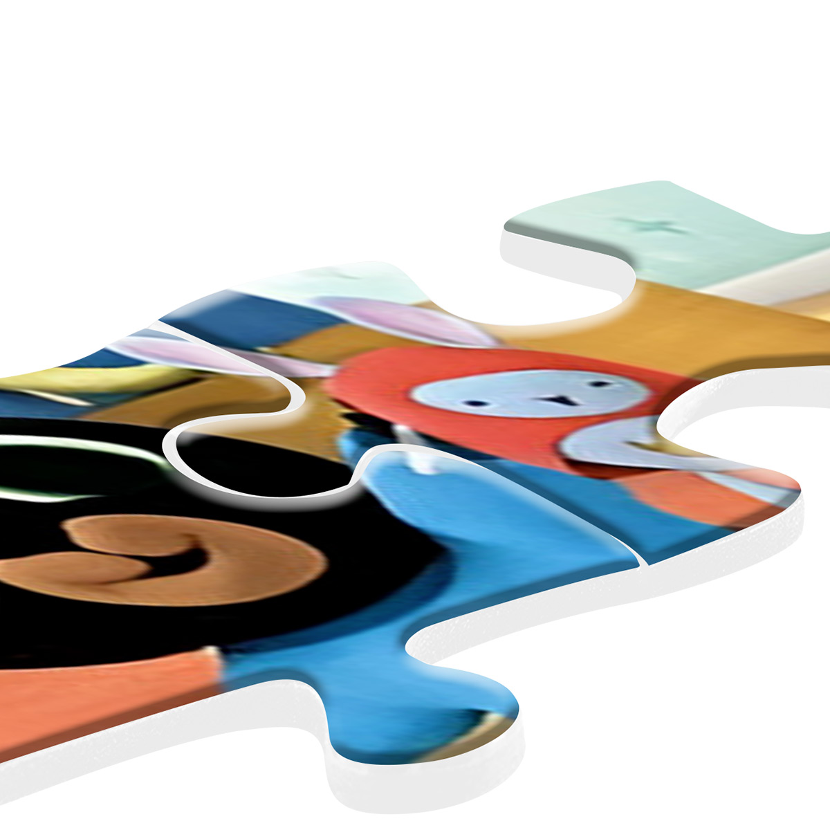 Un pezzo di puzzle con un'immagine a cartoni animati di un coniglio e altri elementi colorati.