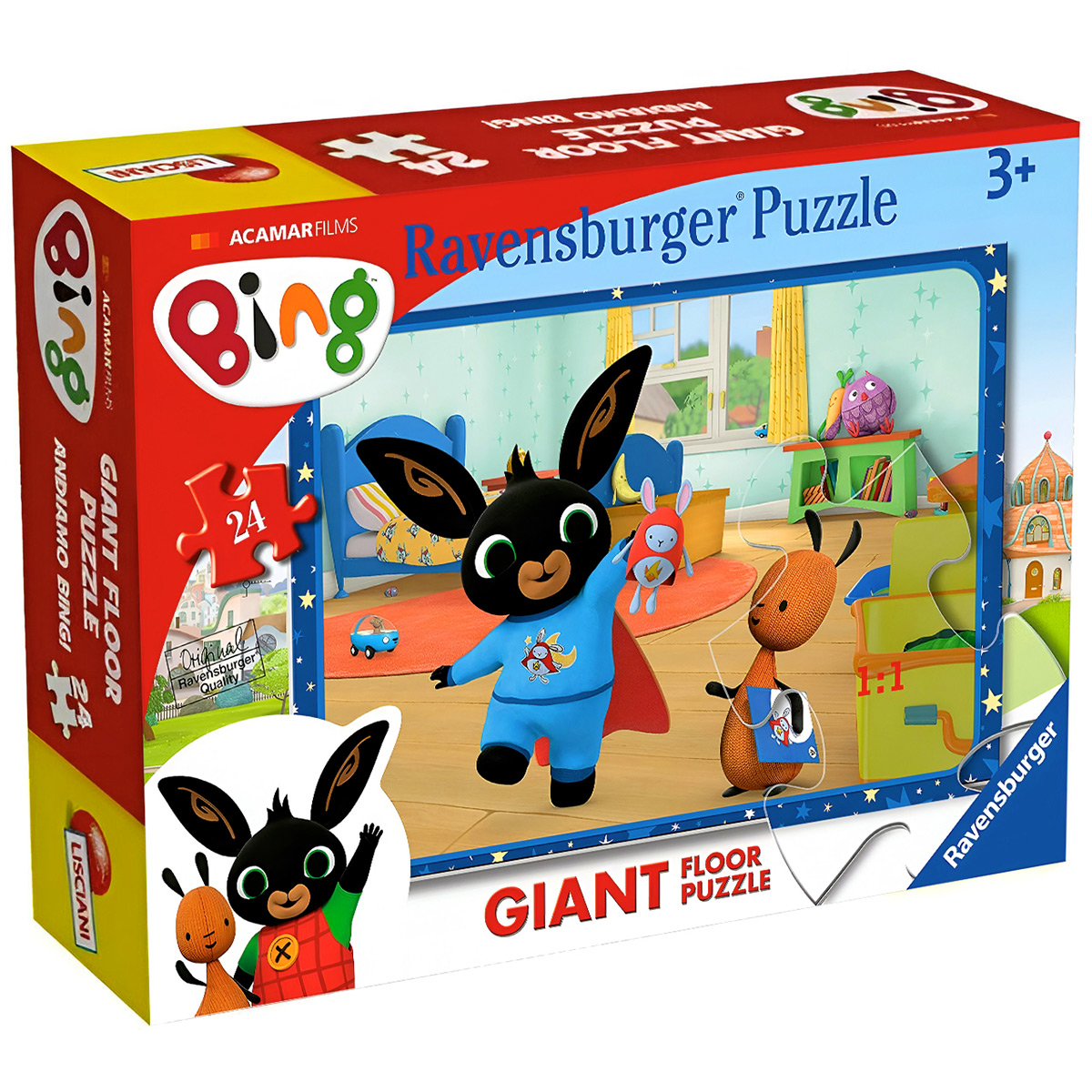 Una scatola di puzzle con Bing, Flop e personaggi in una colorata scena di cartoni animati.