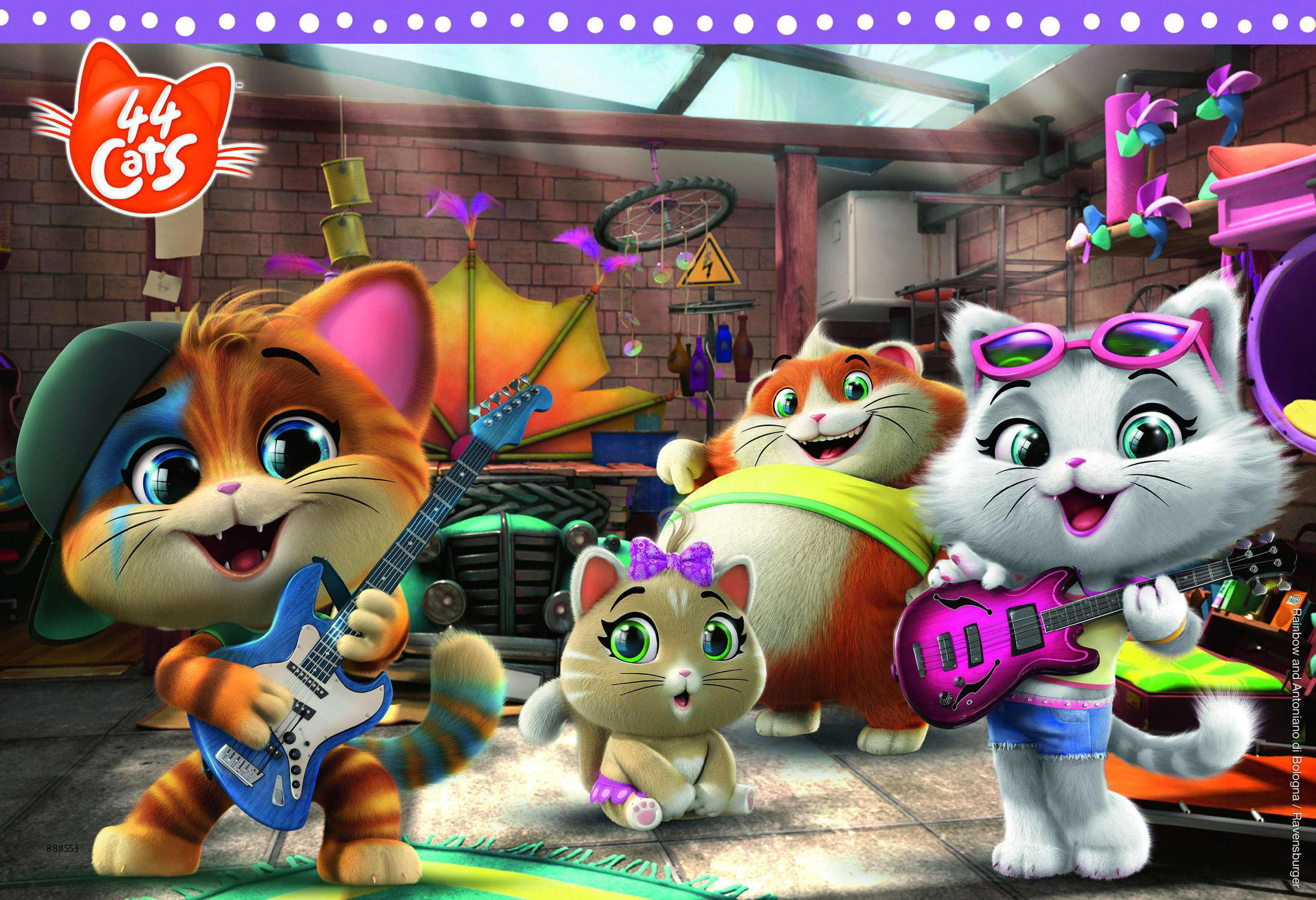 Zeichentrickkatzen spielen Instrumente in einer Garage. Eine Katze spielt Gitarre.