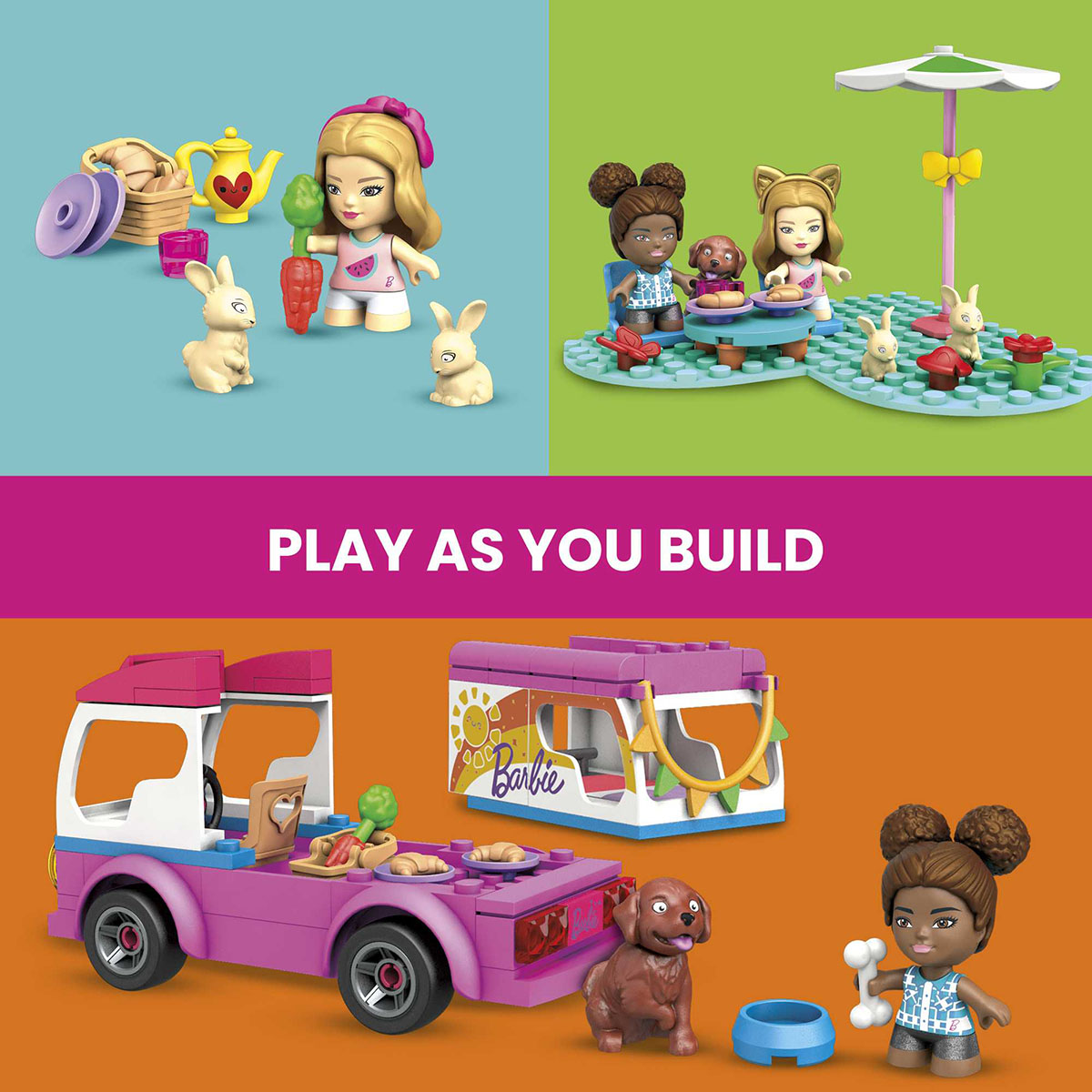 Bild zeigt Barbie-Puppen, die mit Zubehör wie Hasen, einem Anhänger und einem Auto spielen.