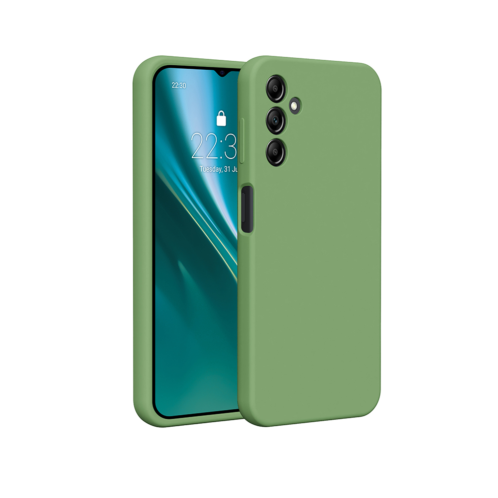 Zielone etui na telefon na białym tle, z telefonem w środku.