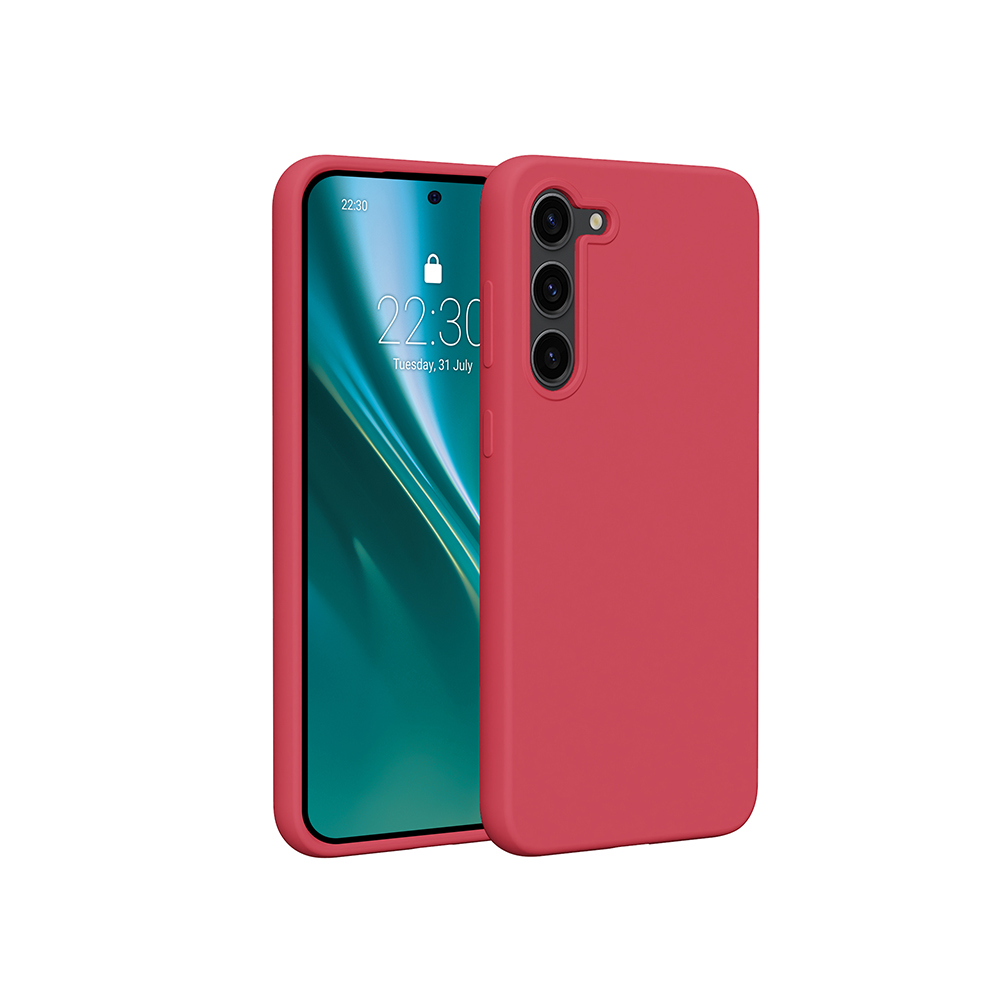 Czerwone etui na telefonie pokazujące ekran telefonu. Białe tło.
