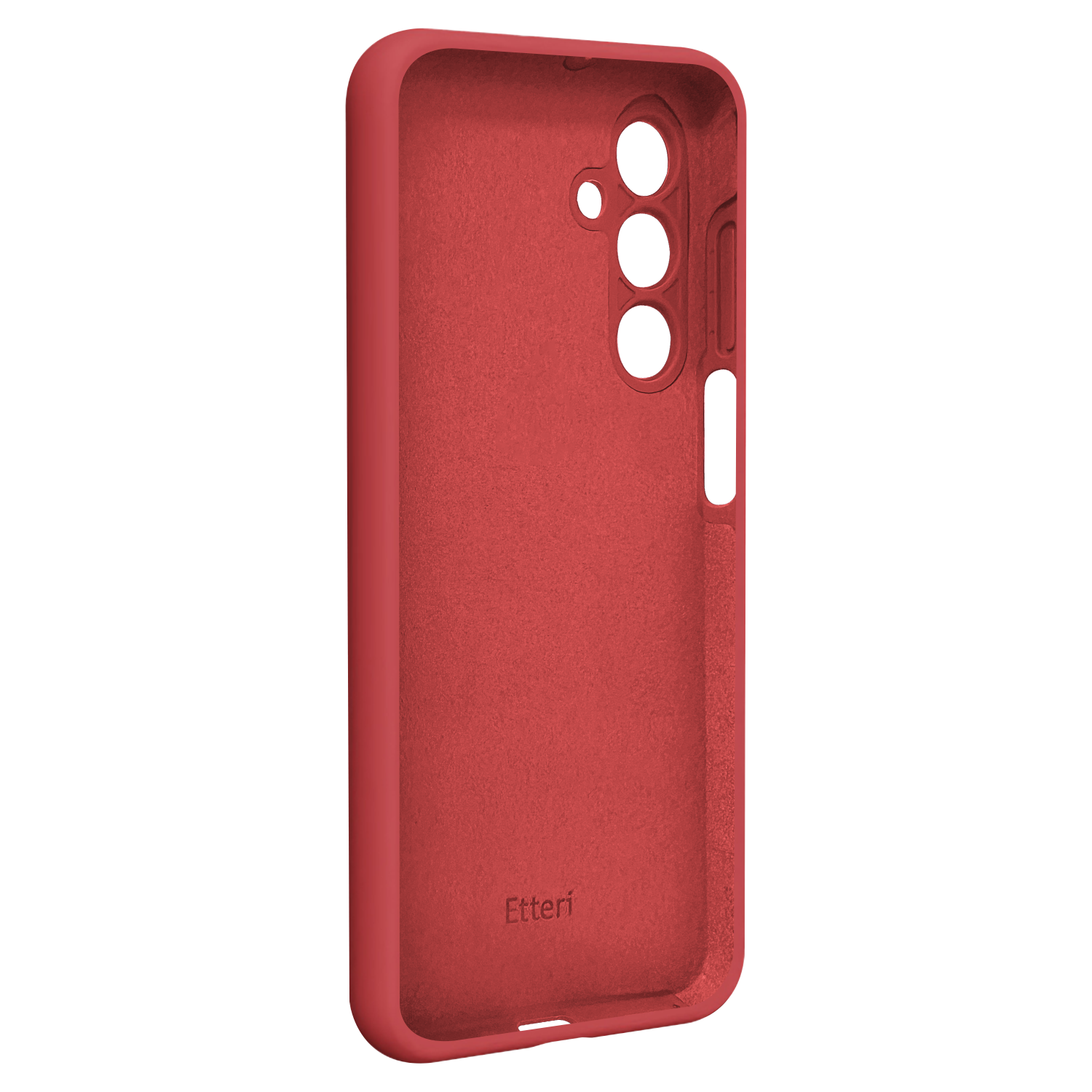 Custodia rossa per telefono con ritagli per fotocamera. Marchio 'Etteri' visibile in basso.