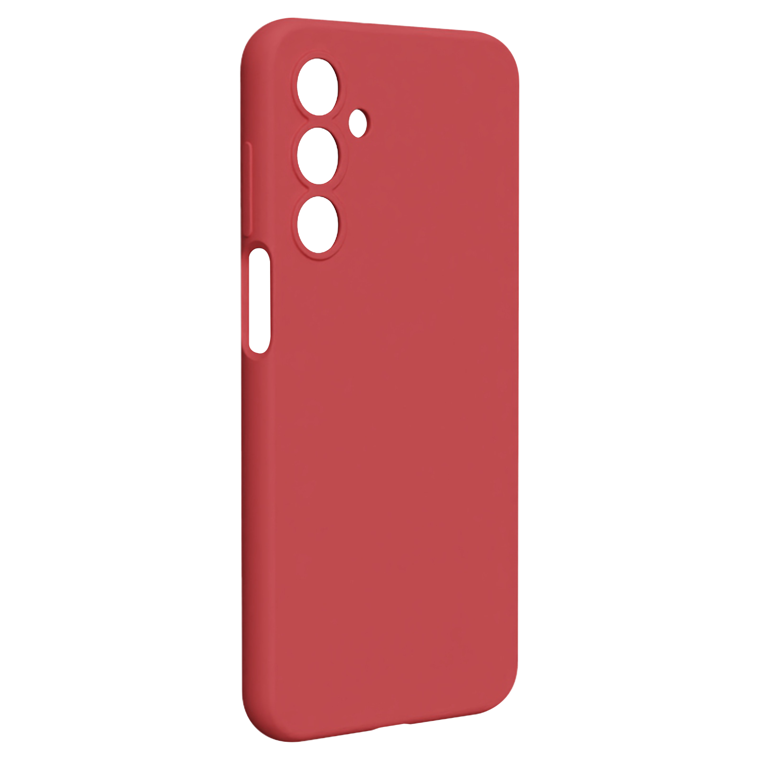 Custodia rossa per telefono, con tre fori per la fotocamera. La custodia ha aperture per i pulsanti.