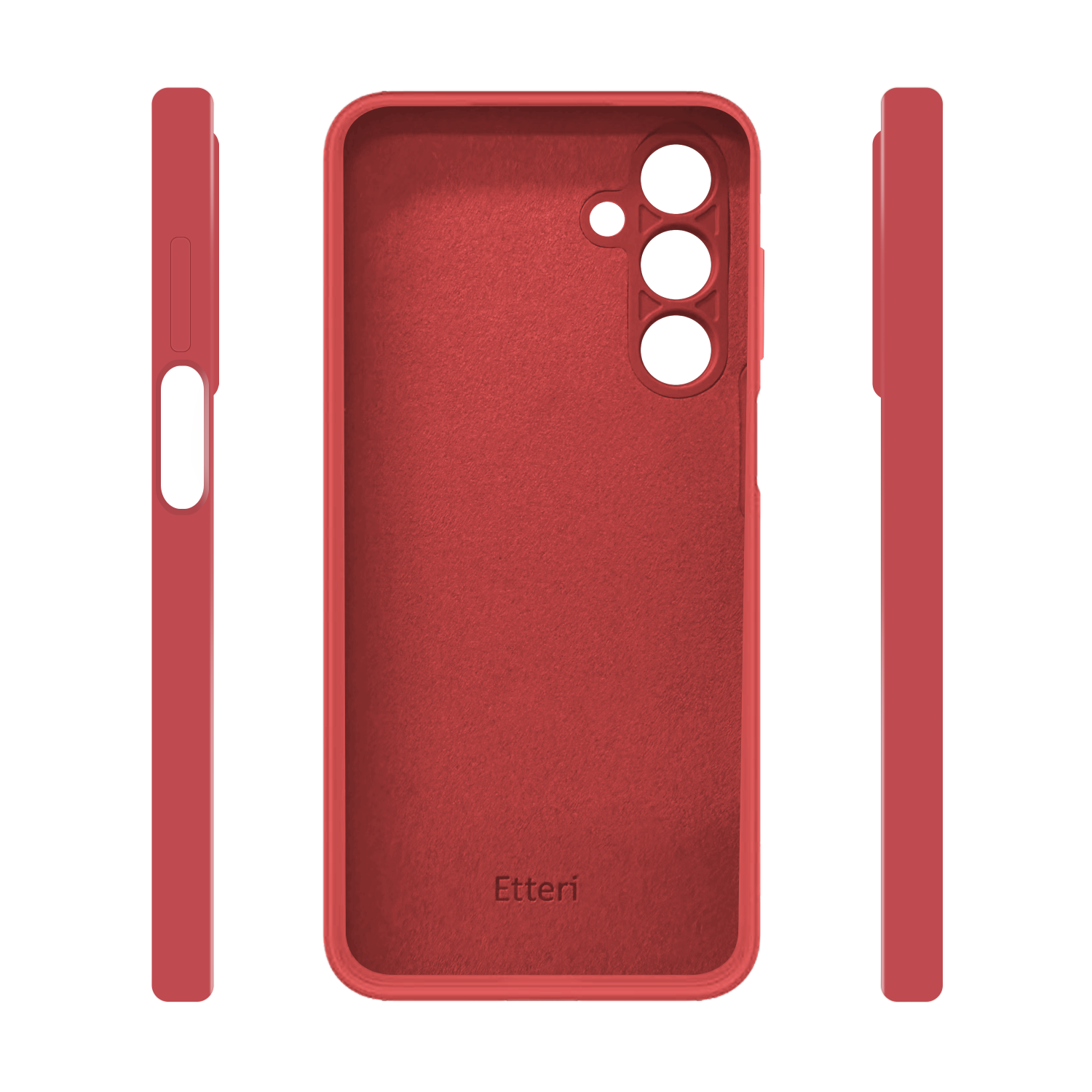 Custodia rossa per telefono, tre viste: laterale, interno e frontale. Il marchio 'Etteri' è visibile.