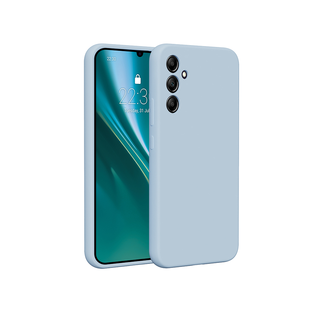 Un telefono azzurro e una custodia azzurra. Lo schermo del telefono mostra l'ora e la data.