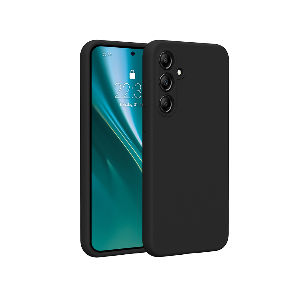Una custodia per telefono nera con un telefono all'interno. Lo schermo mostra uno sfondo blu con un elemento verde.