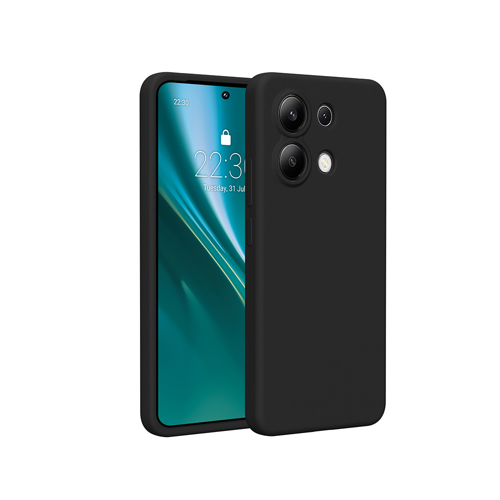 Smartphone nero con custodia nera, che mostra un schermo con l'ora. Sfondo bianco.