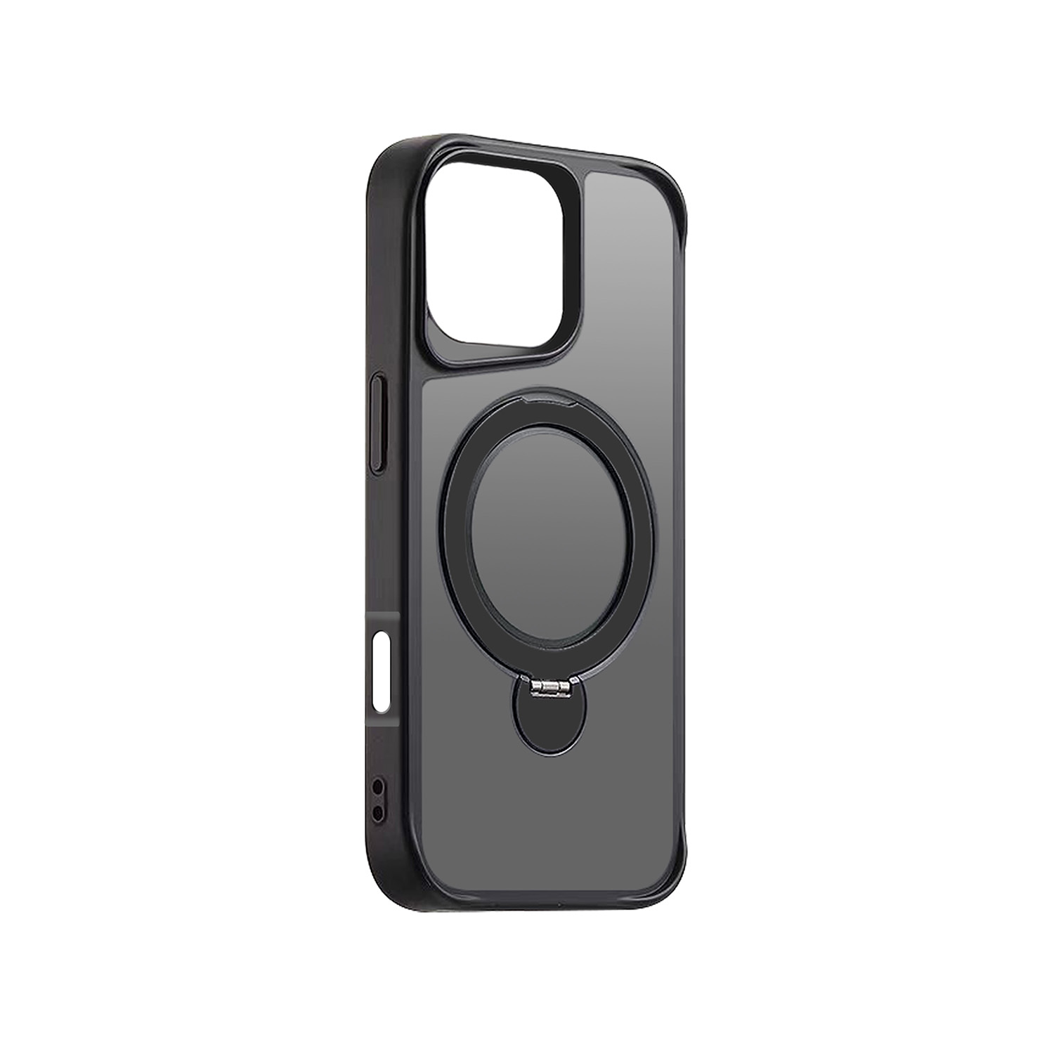 Custodia nera per telefono con retro trasparente e anello magnetico, vista angolata.
