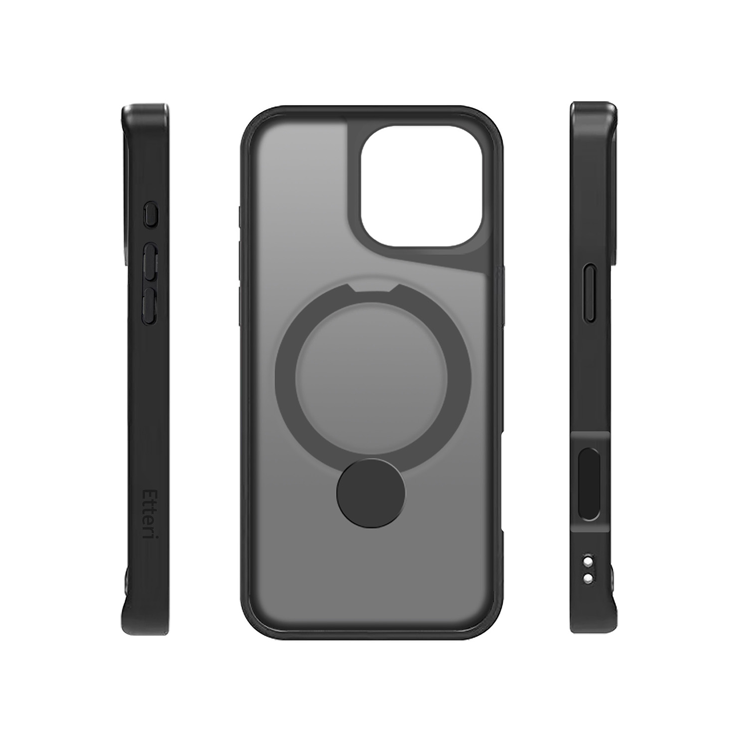 Tre viste di una custodia nera per telefono: lato con pulsanti, frontale con ritaglio per fotocamera e vista laterale.