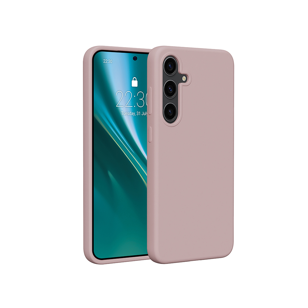 Telefono rosa in una custodia rosa, che mostra l'ora. Sfondo bianco.