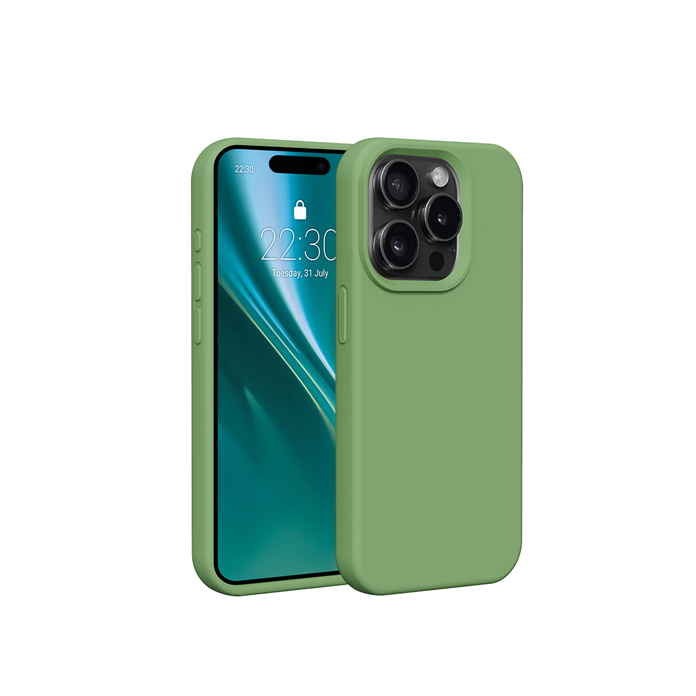 Zielony telefon z zielonym etui. Ekran pokazuje godzinę. Białe tło.