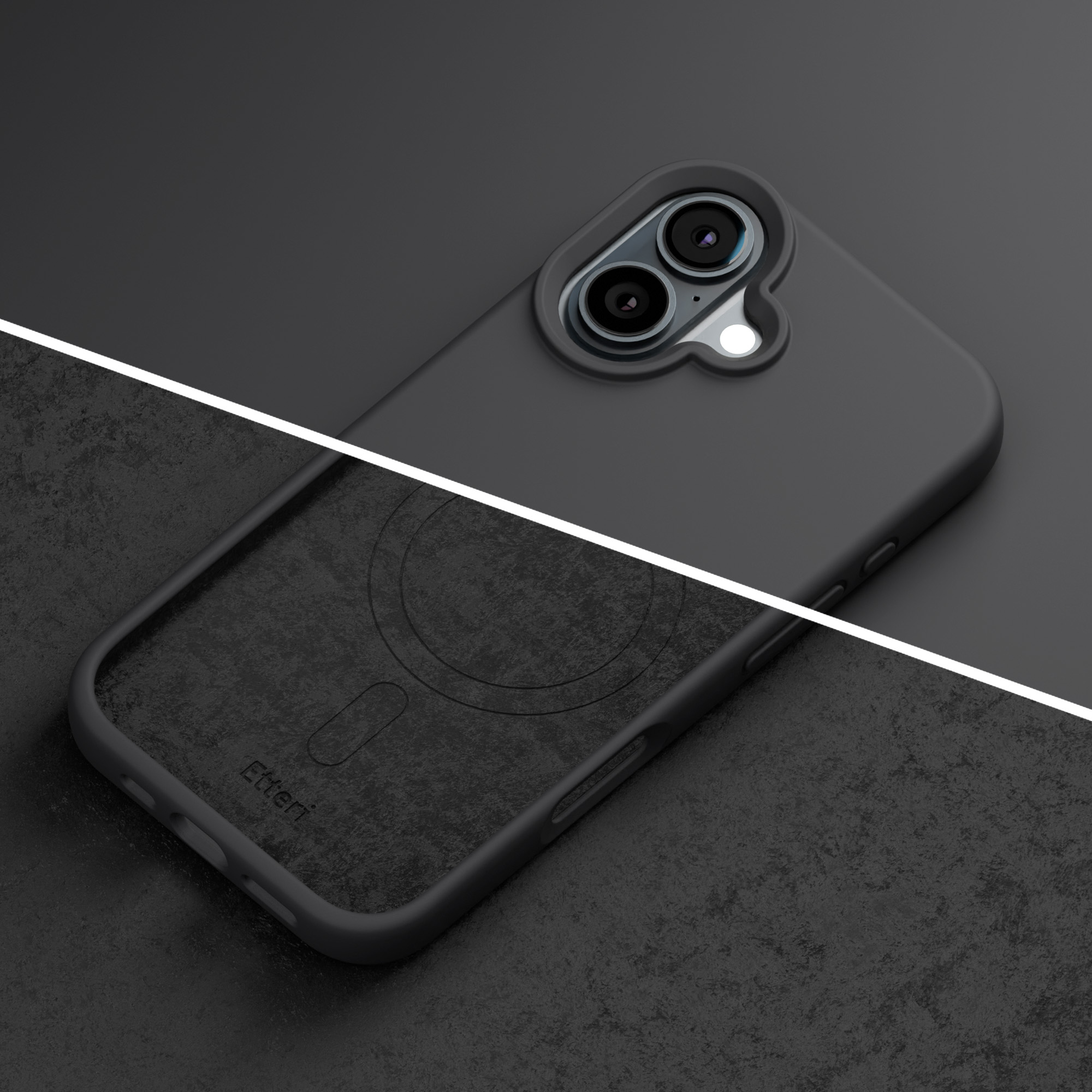 Custodia nera per telefono con texture simile a tessuto sul retro, su superficie scura.