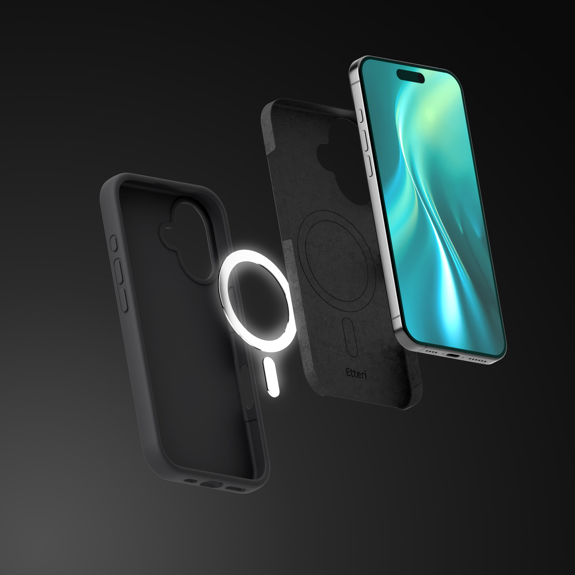 Telefono con componenti della custodia esplosi. Custodia, piastra posteriore e telefono. È visibile anche una luce ad anello.