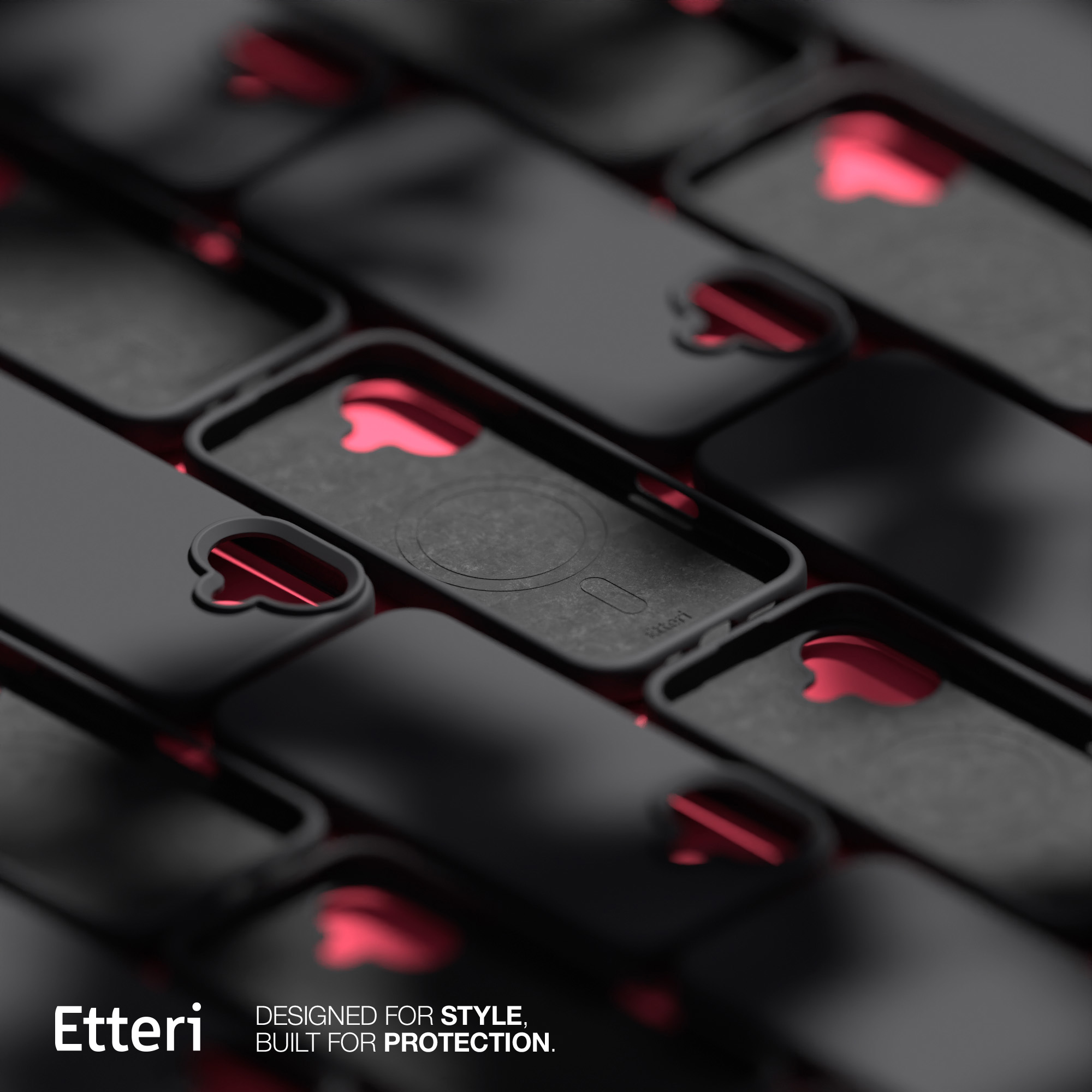 Custodie per telefono nere con logo Apple rosso e logo Etteri su una superficie nera.