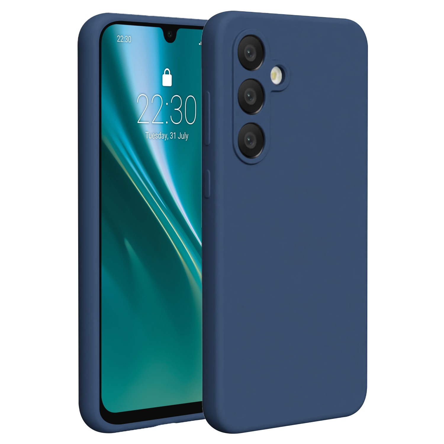 Blaues Telefon in einer Hülle, zeigt die Uhrzeit. Drei Kameralinsen auf der Rückseite.